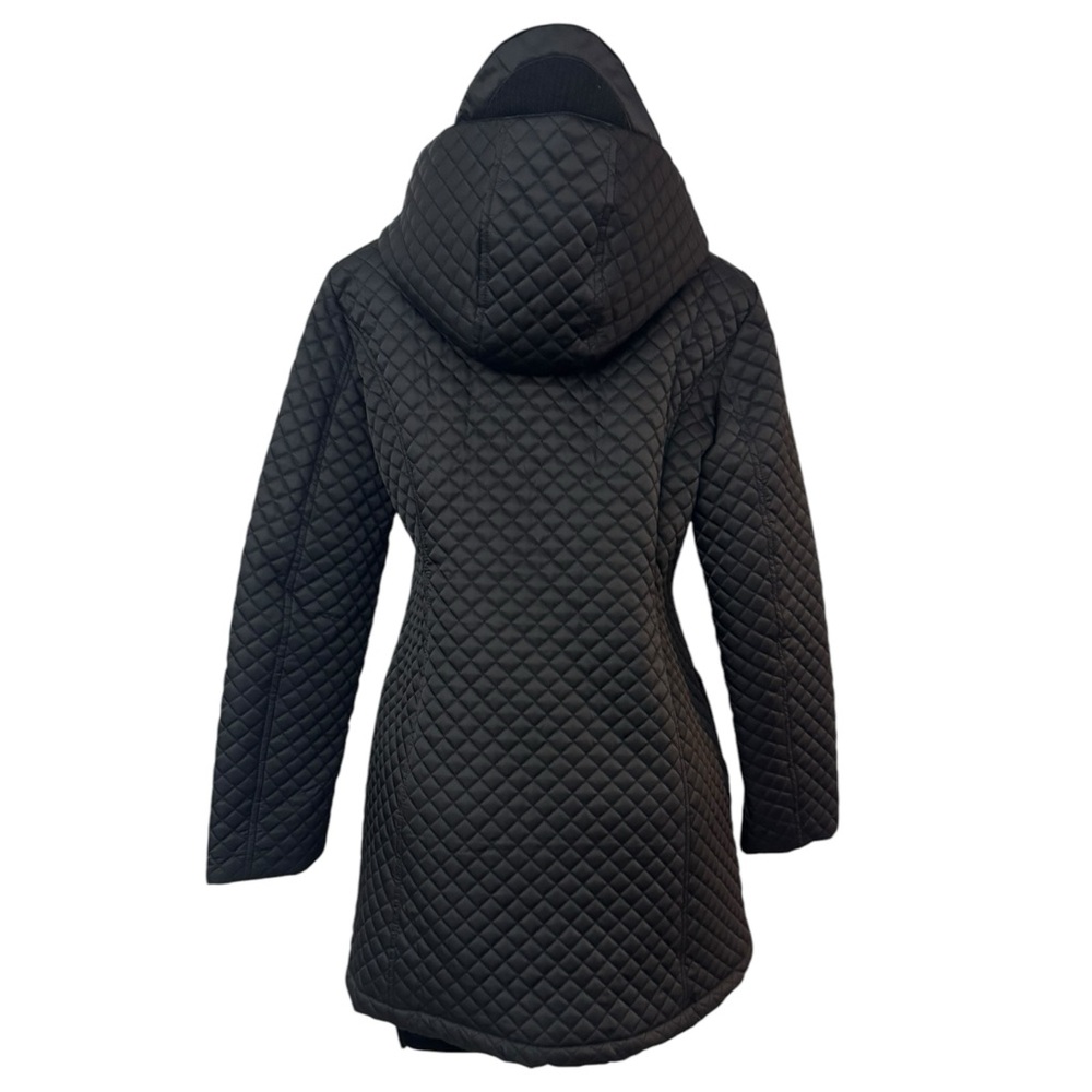 Betsey Johnson Black Quilted Hooded Jacket Zip Ruffle Front Knit Zip Pockets - Picture 4 of 13